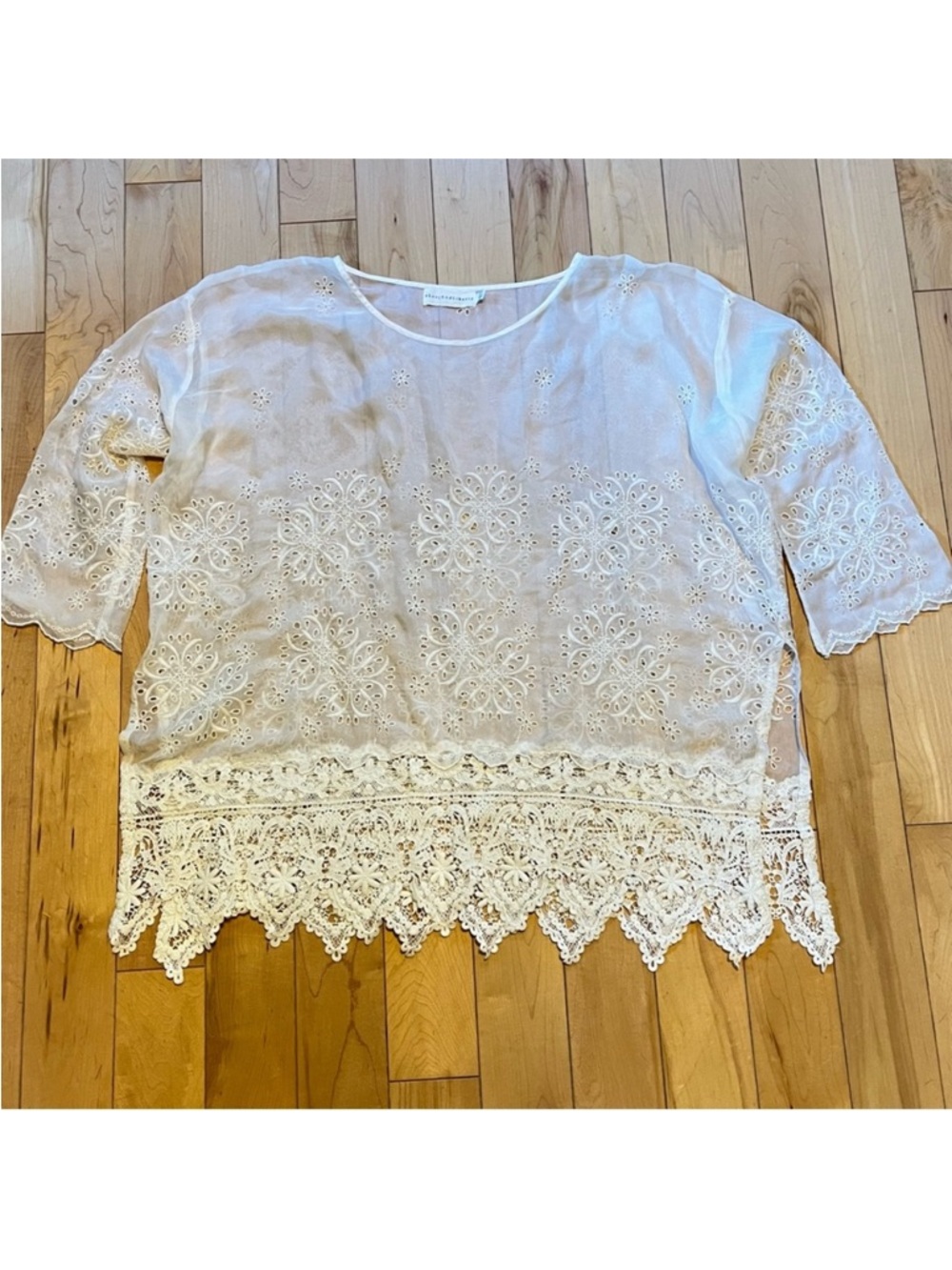 4 Love and Liberty Johnny Was Sheer Cream Lace Eyelet Boho Silk Top size small